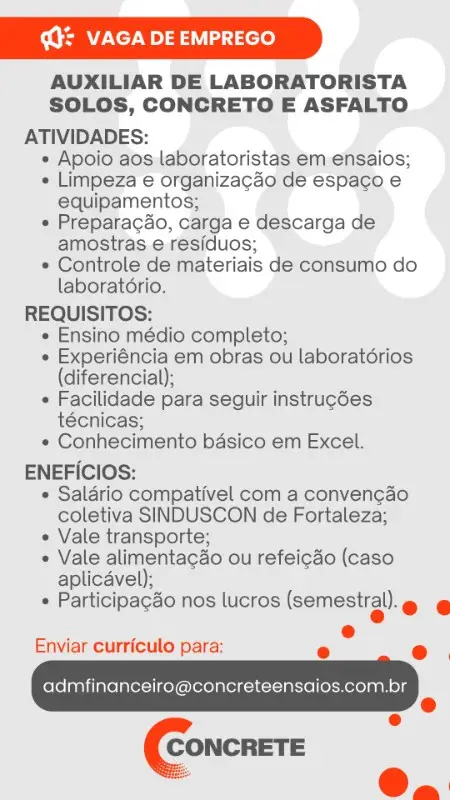 1 Vaga de emprego para Auxiliar De Laboratorista na empresa Concrete em 11/09