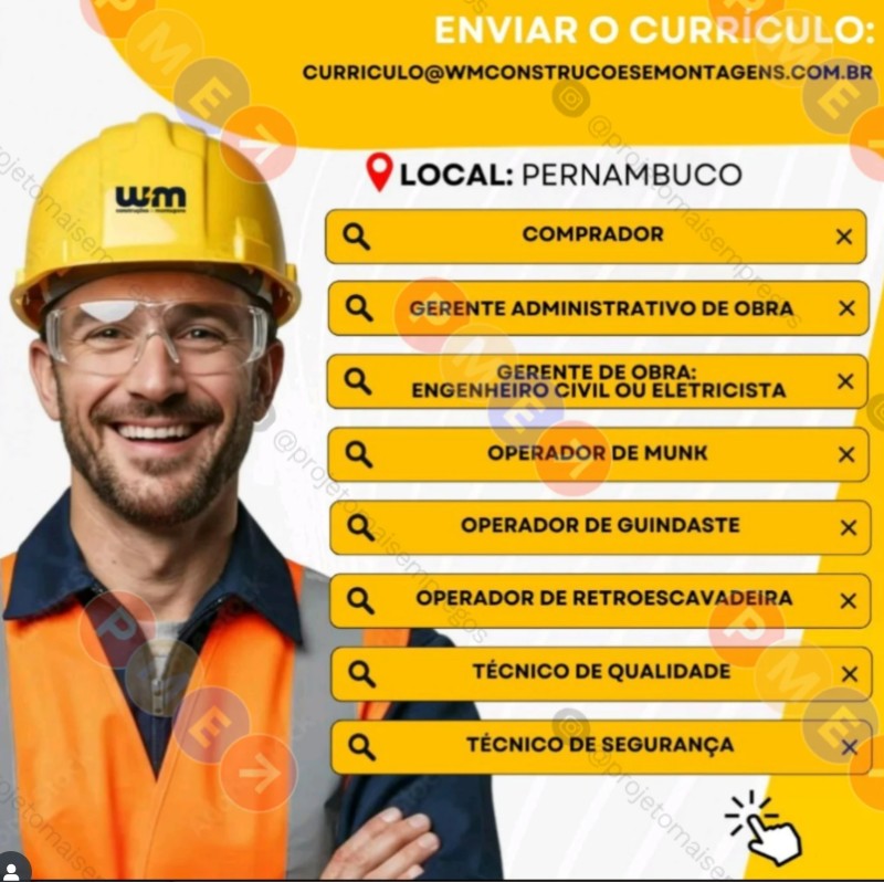 8 Vagas de emprego para Diversos Cargos na empresa WM Construções e Montagens em 22/09