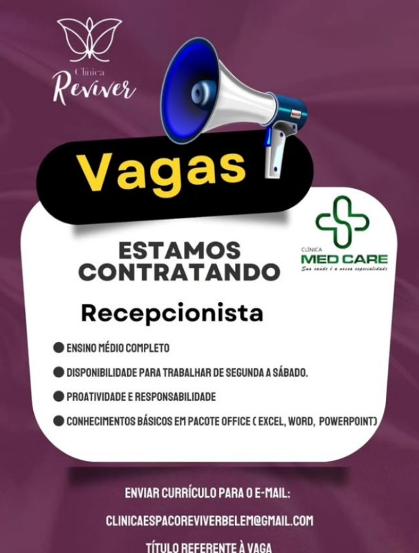 1 Vaga de emprego para Recepcionista na empresa REVIVER em 17/09