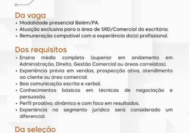 1 Vaga de emprego para Sdr Comercial na empresa JESSE LIMA ADVOGADOS em 06/09