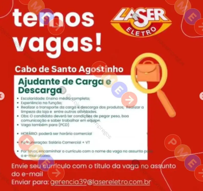 1 Vaga de emprego para Ajudante De Carga Descarga na empresa Laser Eletro em 06/09