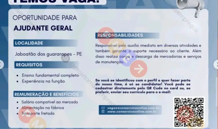1 Vaga de emprego para Ajudante Geral na empresa Conservice em 08/09