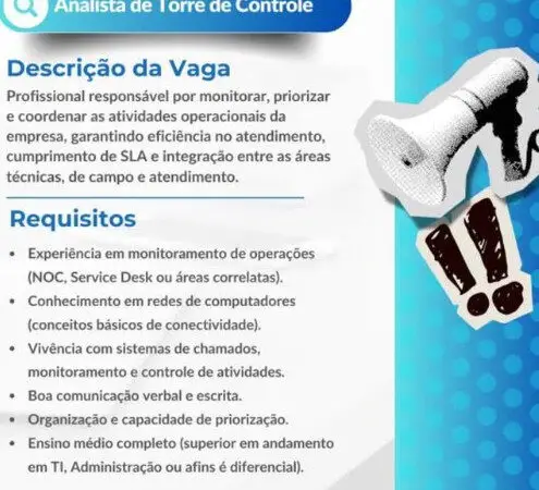 1 Vaga de emprego para Analista De Torre De Controle na empresa Lig 16 em 09/09