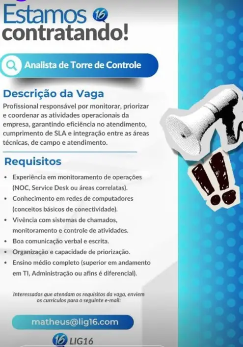 1 Vaga de emprego para Analista De Torre De Controle na empresa Lig 16 em 09/09