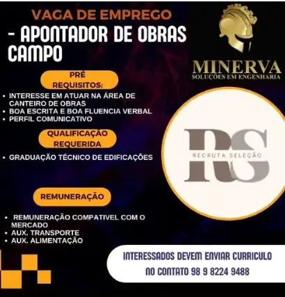 1 Vaga de emprego para Apontador De Obras sem experiência na empresa Minerva em 08/09