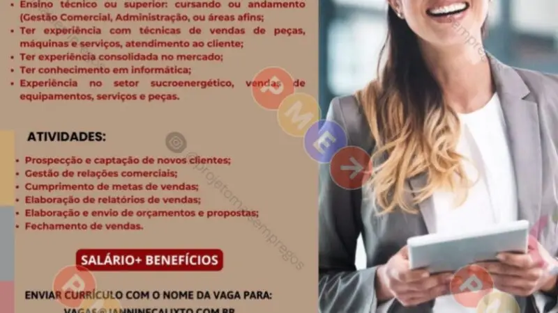 1 Vaga de emprego para Assistente Comercial na empresa Jannine Calixto em 08/09