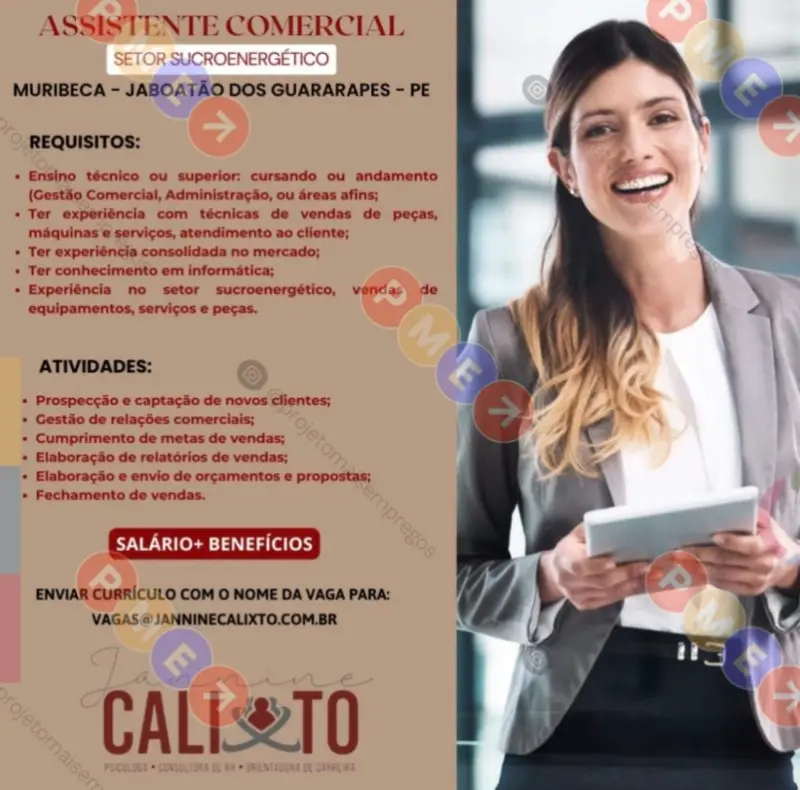 1 Vaga de emprego para Assistente Comercial na empresa Jannine Calixto em 08/09