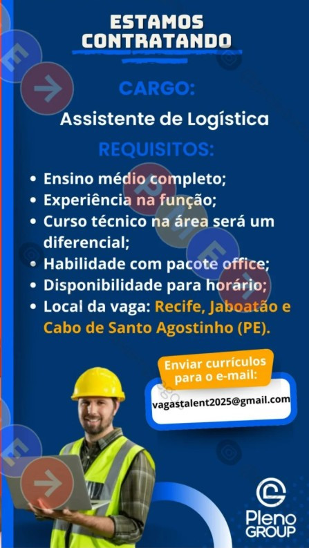 1 Vaga de emprego para Assistente De Logística na empresa Pleno Group em 06/09
