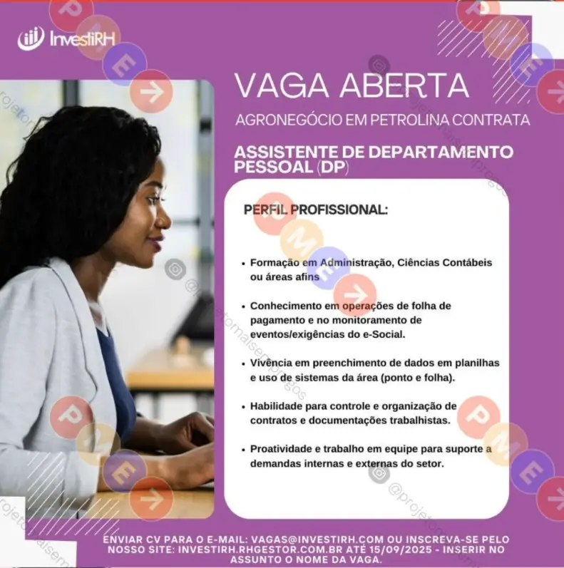 1 Vaga de emprego para Assistente De Departamento Pessoal na empresa Investi RH em 08/09