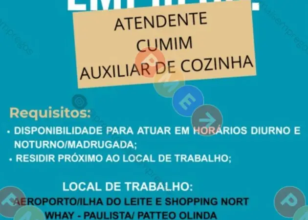 3 Vagas de emprego para Atendente, Cumim, Auxiliar De Cozinha sem experiência no Segmento alimentício em 06/09