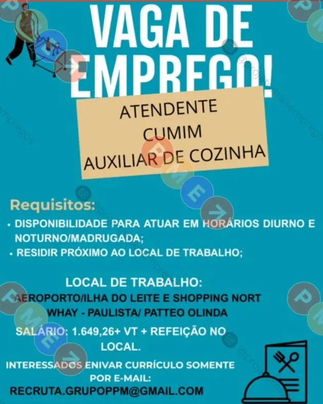 3 Vagas de emprego para Atendente, Cumim, Auxiliar De Cozinha sem experiência no Segmento alimentício em 06/09