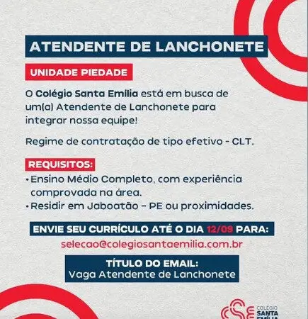 1 Vaga de emprego para Atendente no Segmento escolar em 09/09