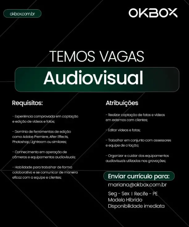 1 Vaga de emprego para Audiovisual na empresa Oxbox em 08/09
