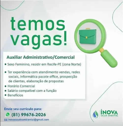 1 Vaga de emprego para Auxiliar Administrativo Comercial na empresa Inova Saúde Ambiental em 06/09