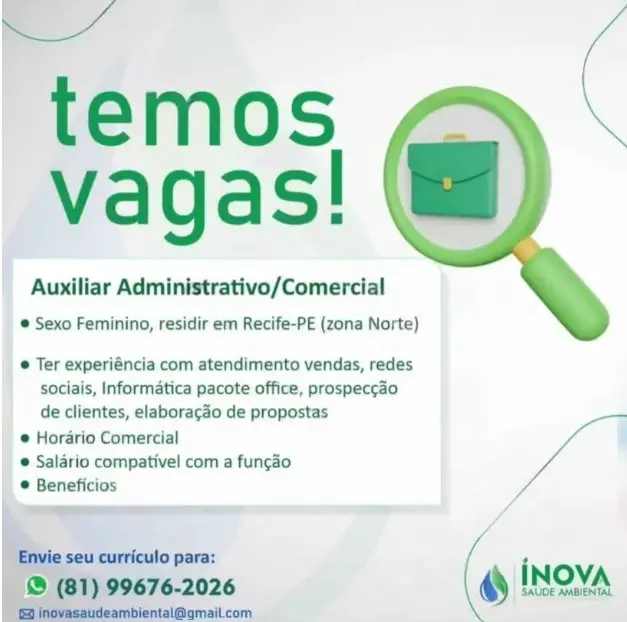 1 Vaga de emprego para Auxiliar Administrativo Comercial na empresa Inova Soluções Ambientais em 08/09