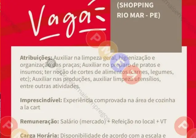 1 Vaga de emprego para Auxiliar De Cozinha na empresa A e F em 06/09