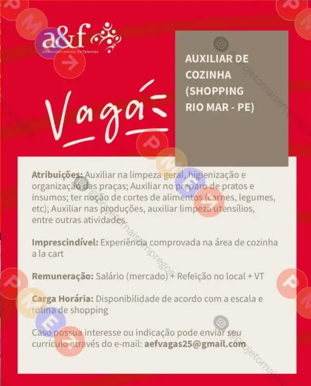 1 Vaga de emprego para Auxiliar De Cozinha na empresa A e F em 06/09