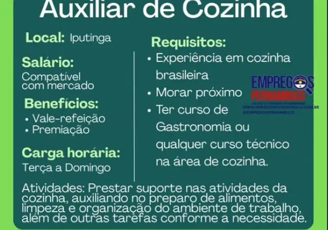 1 Vaga de emprego para Auxiliar De Cozinha no Segmento alimentício em 08/09