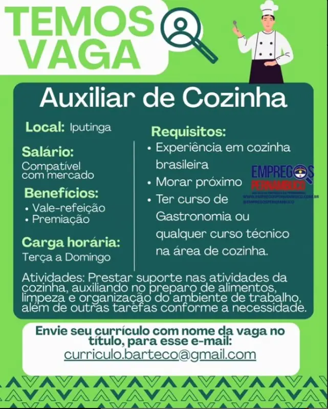 1 Vaga de emprego para Auxiliar De Cozinha no Segmento alimentício em 08/09