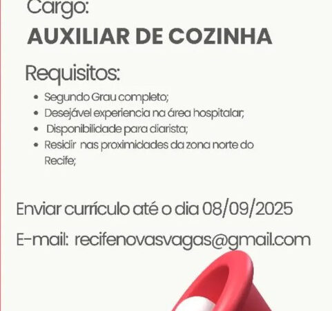 1 Vaga de emprego para Auxiliar De Cozinha sem experiência no Segmento hospitalar em 06/09