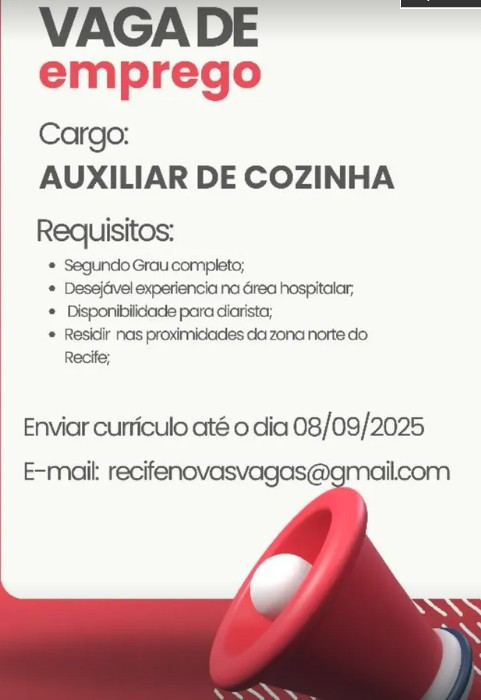 1 Vaga de emprego para Auxiliar De Cozinha sem experiência no Segmento hospitalar em 06/09