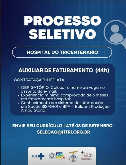 1 Vaga de emprego para Auxiliar De Faturamento na empresa Hospital do Tricentenário em 06/09