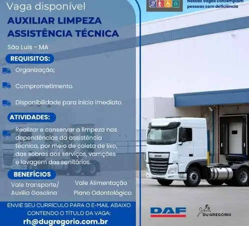 1 Vaga de emprego para Auxiliar De Limpeza Assistência Técnica sem experiência na empresa Du Gregório em 06/09