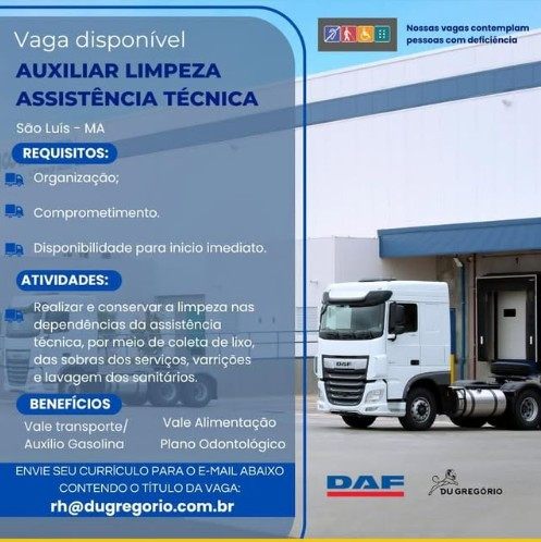 1 Vaga de emprego para Auxiliar De Limpeza Assistência Técnica sem experiência na empresa Du Gregório em 06/09