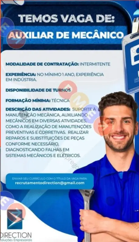 1 Vaga de emprego para Auxiliar De Mecânico na empresa Direction em 08/09