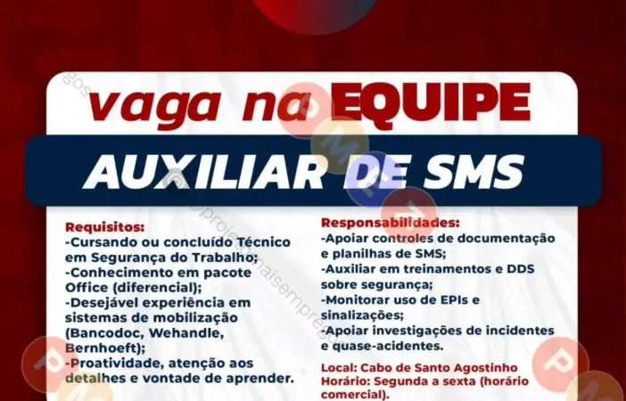 1 Vaga de emprego para Auxiliar De Sms sem experiência na empresa Gmac Engenharia em 08/09