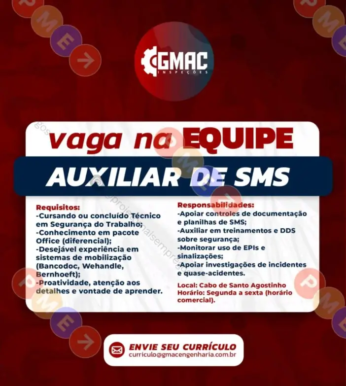 1 Vaga de emprego para Auxiliar De Sms sem experiência na empresa Gmac Engenharia em 08/09
