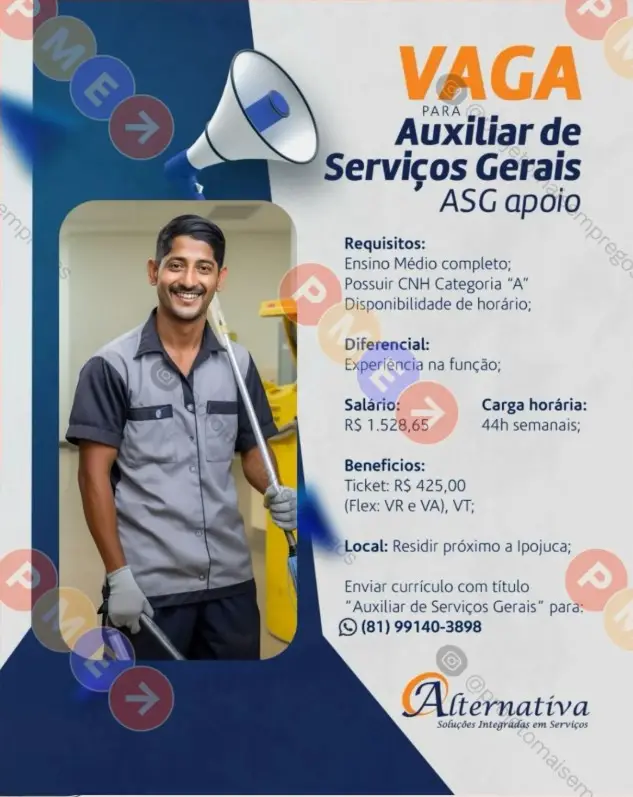 1 Vaga de emprego para Auxiliar De Serviços Gerais sem experiência na empresa Alternativa em 06/09