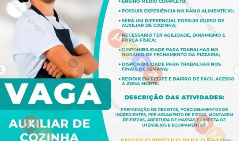 1 Vaga de emprego para Auxiliar De Cozinha na empresa Soluções Consultoria em 08/09
