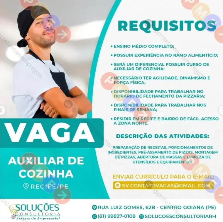 1 Vaga de emprego para Auxiliar De Cozinha na empresa Soluções Consultoria em 08/09