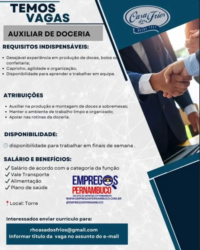 1 Vaga de emprego para Auxiliar De Doceria sem experiência na empresa Restaurante Casa dos Frios em 08/09