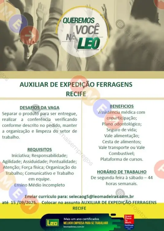 1 Vaga de emprego para Auxiliar De Expedição sem experiência na empresa Leo Madeiras em 08/09