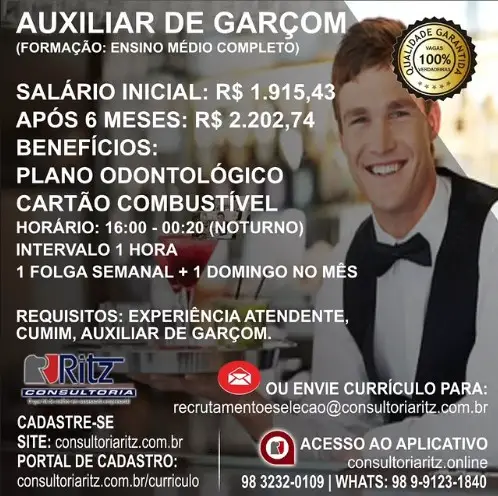 1 Vaga de emprego para Auxiliar De Garçom na empresa Ritz Consultoria em 09/09