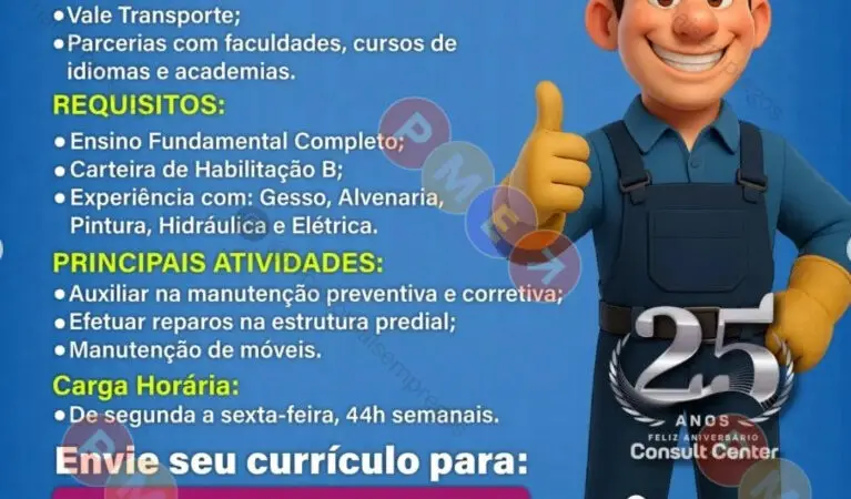 1 Vaga de emprego para Auxiliar De Manutenção na empresa Consult Center em 09/09