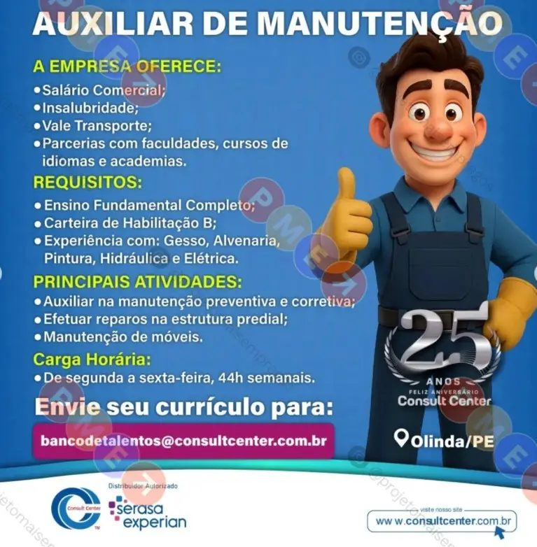1 Vaga de emprego para Auxiliar De Manutenção na empresa Consult Center em 09/09