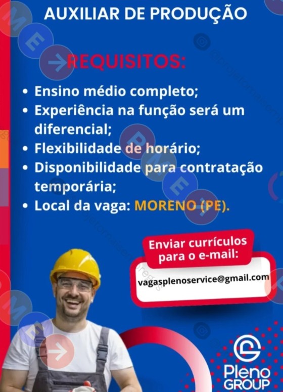 1 Vaga de emprego para Auxiliar De Produção sem experiência na empresa Pleno Group em 26/09