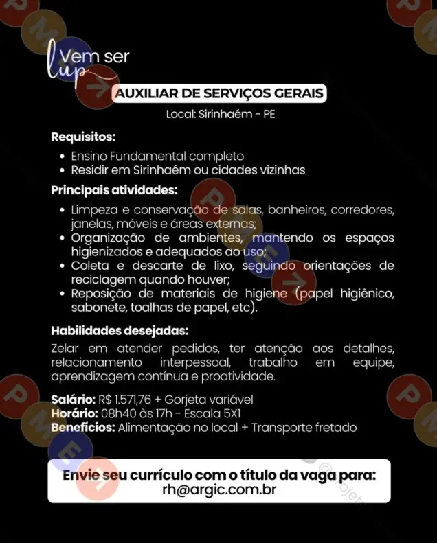 1 Vaga de emprego para Auxiliar De Serviços Gerais sem experiência na empresa Lup em 09/09