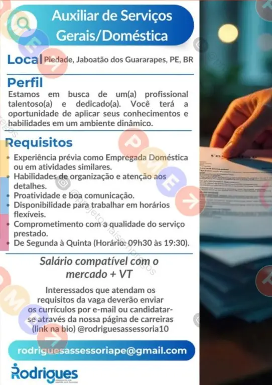 1 Vaga de emprego para Auxiliar De Serviços Gerais Doméstica na empresa Rodrigues Assessoria em 08/09