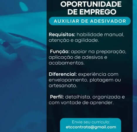 1 Vaga de emprego para Auxiliar sem experiência no Segmento de adesivagem em 06/09