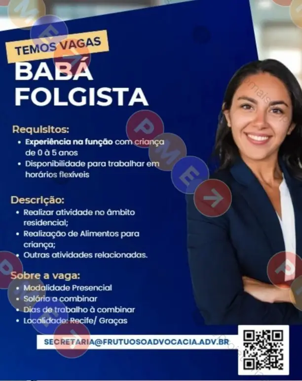 1 Vaga de emprego para Babá Folguista na empresa Frutuoso Advocacia em 06/09