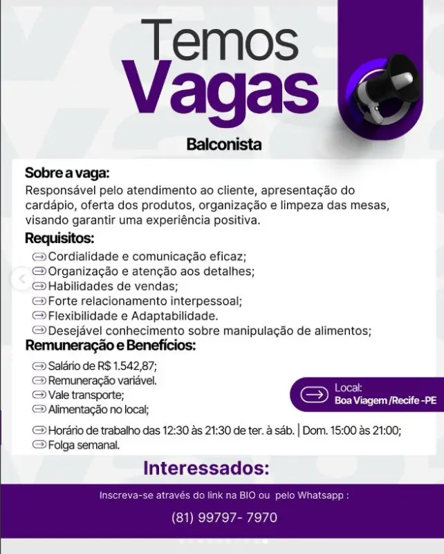 1 Vaga de emprego para Balconista sem experiência na empresa Inovar RH em 06/09