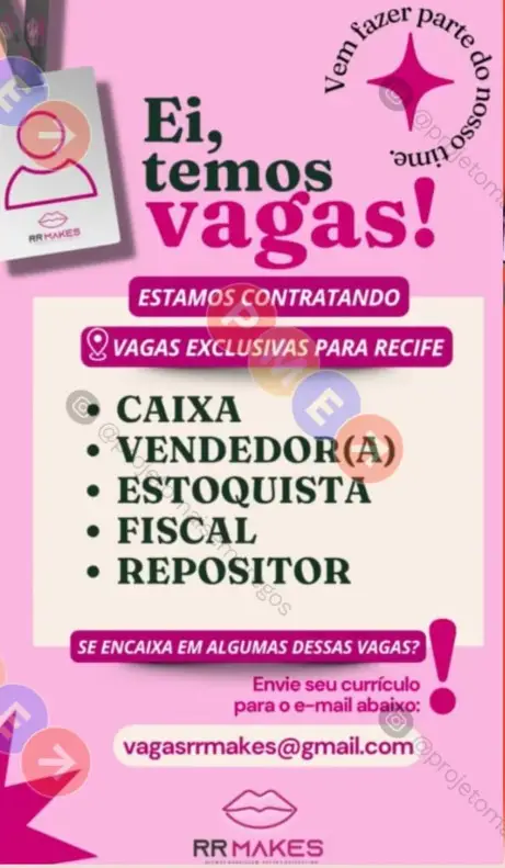 4 Vagas de emprego para Caixa, Vendedor, Repositor, Estoquista, Fiscal na empresa RR Makes em 06/09