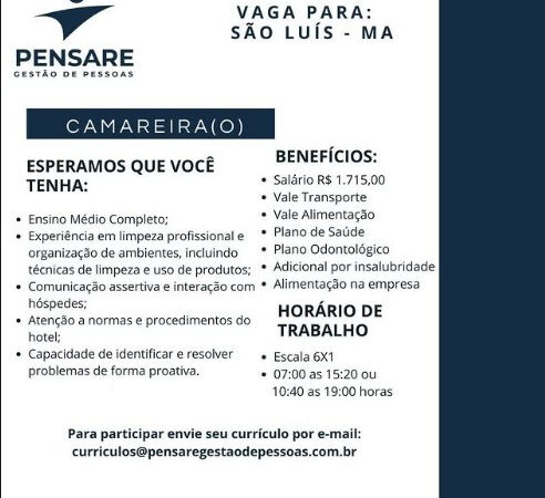 1 Vaga de emprego para Camareiro na empresa Pensare Gestão de Pessoas em 06/09
