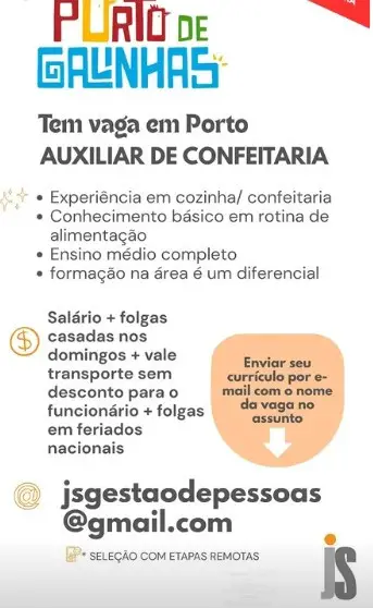1 Vaga de emprego para Auxiliar De Confeitaria na empresa JS Consultoria em 06/09