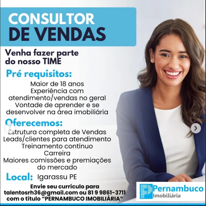 1 Vaga de emprego para Consultor De Vendas na empresa Imobiliária Pernambuco em 26/09