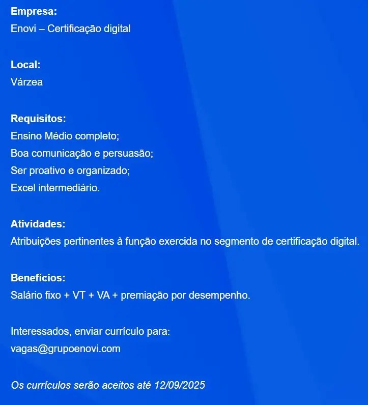1 Vaga de emprego para Consultor De Relacionamento sem experiência na empresa Enovi em 08/09